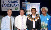 Staff from CORAL and Pew with Fiji’s acting Prime Minister, Attorney General Aiyaz Sayed-Khaiyum, at the campaign launch event.